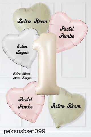 Saten Pembe Beyaz Retro Krem Renkler Kalp ve Yaş Rakamlı Doğum Günü Balon Seti