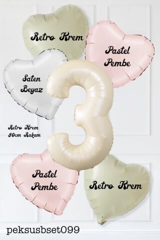 Saten Pembe Beyaz Retro Krem Renkler Kalp ve Yaş Rakamlı Doğum Günü Balon Seti