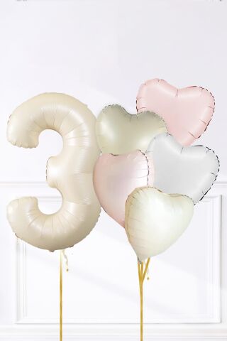 Saten Pembe Beyaz Retro Krem Renkler Kalp ve Yaş Rakamlı Doğum Günü Balon Seti