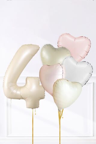 Saten Pembe Beyaz Retro Krem Renkler Kalp ve Yaş Rakamlı Doğum Günü Balon Seti