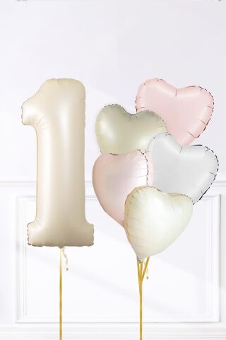 Saten Pembe Beyaz Retro Krem Renkler Kalp ve Yaş Rakamlı Doğum Günü Balon Seti 1