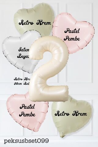 Saten Pembe Beyaz Retro Krem Renkler Kalp ve Yaş Rakamlı Doğum Günü Balon Seti 2