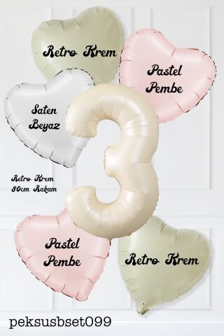 Saten Pembe Beyaz Retro Krem Renkler Kalp ve Yaş Rakamlı Doğum Günü Balon Seti 3