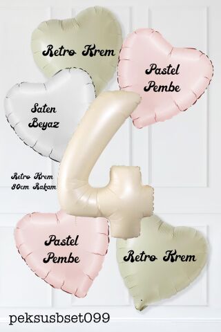 Saten Pembe Beyaz Retro Krem Renkler Kalp ve Yaş Rakamlı Doğum Günü Balon Seti 4