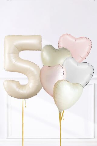 Saten Pembe Beyaz Retro Krem Renkler Kalp ve Yaş Rakamlı Doğum Günü Balon Seti 5