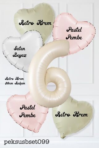 Saten Pembe Beyaz Retro Krem Renkler Kalp ve Yaş Rakamlı Doğum Günü Balon Seti 6