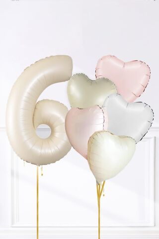 Saten Pembe Beyaz Retro Krem Renkler Kalp ve Yaş Rakamlı Doğum Günü Balon Seti 6