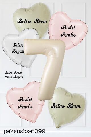 Saten Pembe Beyaz Retro Krem Renkler Kalp ve Yaş Rakamlı Doğum Günü Balon Seti 7