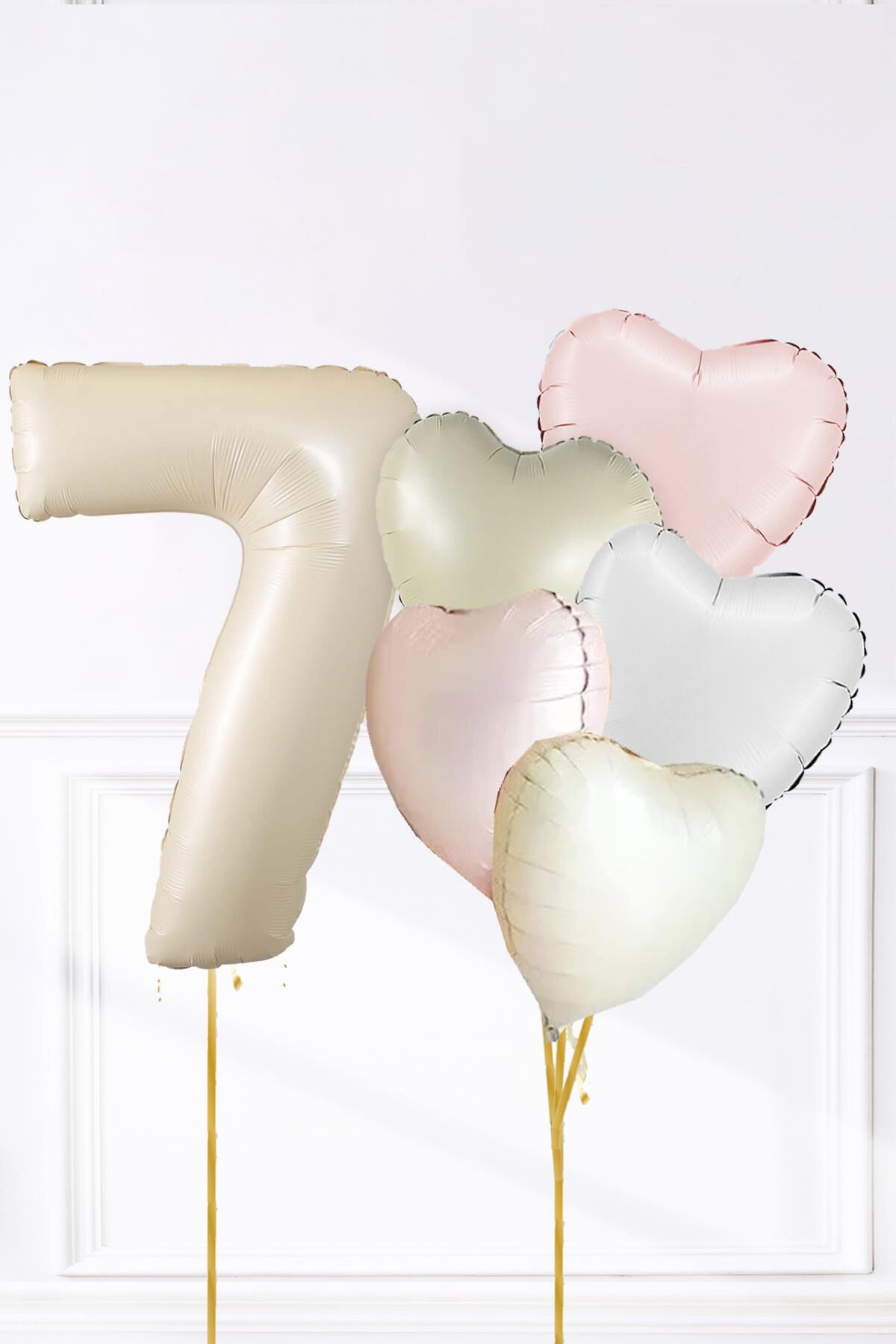 Saten Pembe Beyaz Retro Krem Renkler Kalp ve Yaş Rakamlı Doğum Günü Balon Seti 7