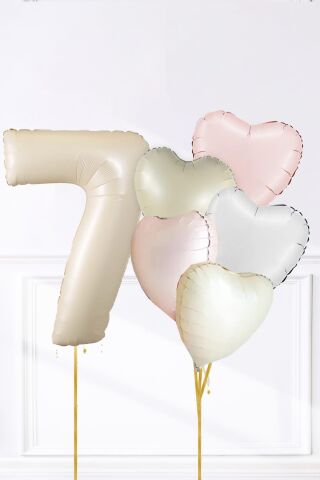 Saten Pembe Beyaz Retro Krem Renkler Kalp ve Yaş Rakamlı Doğum Günü Balon Seti 7