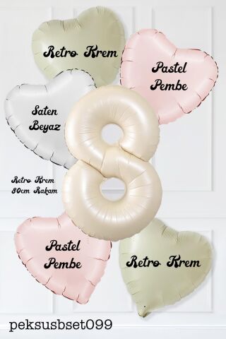 Saten Pembe Beyaz Retro Krem Renkler Kalp ve Yaş Rakamlı Doğum Günü Balon Seti 8