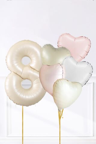 Saten Pembe Beyaz Retro Krem Renkler Kalp ve Yaş Rakamlı Doğum Günü Balon Seti 8