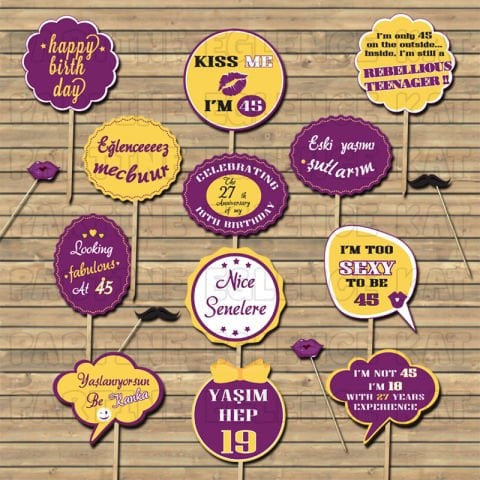Mor - Sarı Konsept Kişiye Özel Konuşma Balonları Seti