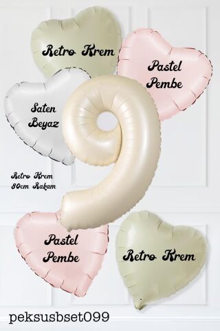 Saten Pembe Beyaz Retro Krem Renkler Kalp ve Yaş Rakamlı Doğum Günü Balon Seti 9
