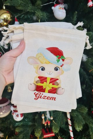 Yılbaşı Şapkalı Kuzu İsme Özel Yılbaşı Hediye Kesesi