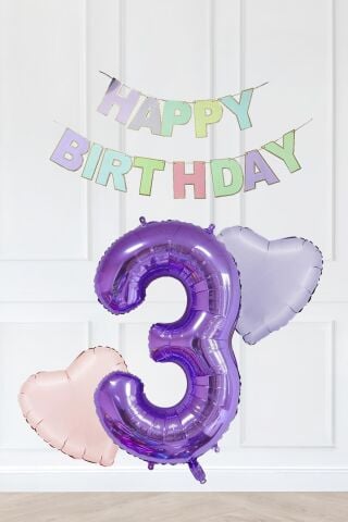 Makaron Renkler Doğum Günü Balon Seti Kalp Balonlu Mor Rakamlı Makaron Bannerlı