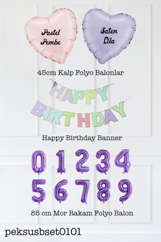 Makaron Renkler Doğum Günü Balon Seti Kalp Balonlu Mor Rakamlı Makaron Bannerlı