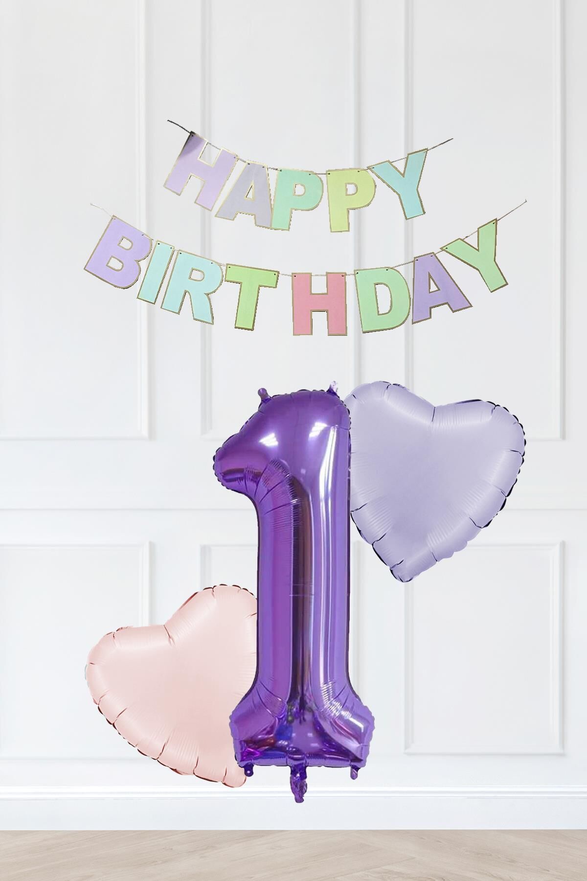 Makaron Renkler Doğum Günü Balon Seti Kalp Balonlu Mor Rakamlı Makaron Bannerlı 1