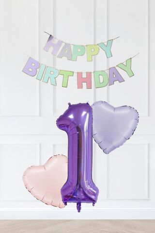 Makaron Renkler Doğum Günü Balon Seti Kalp Balonlu Mor Rakamlı Makaron Bannerlı 1