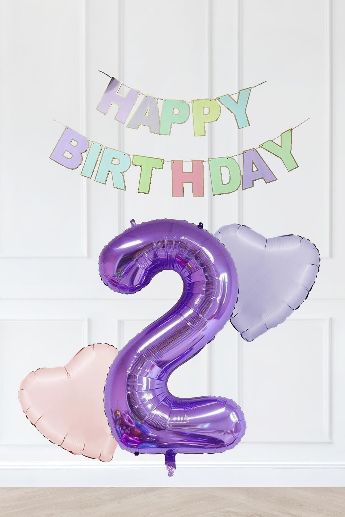 Makaron Renkler Doğum Günü Balon Seti Kalp Balonlu Mor Rakamlı Makaron Bannerlı 2