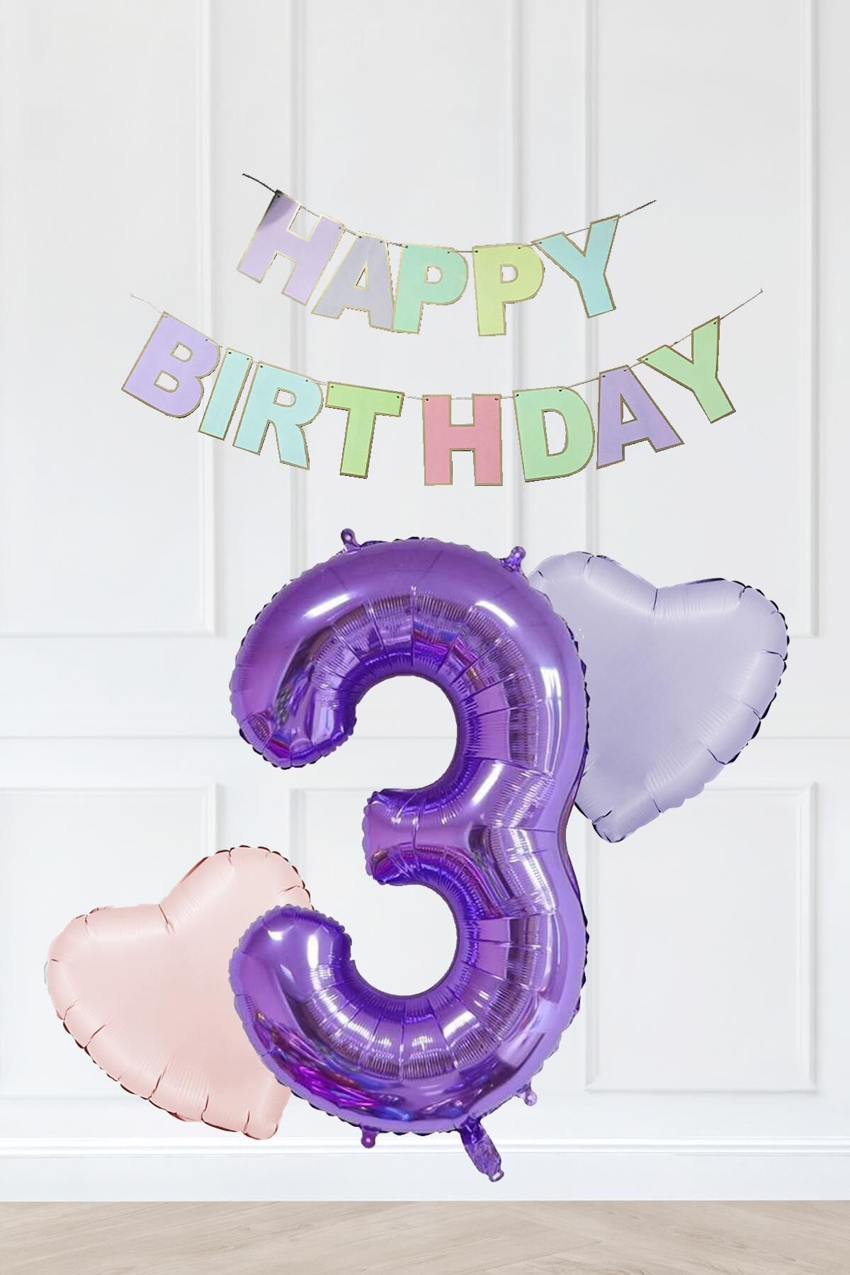 Makaron Renkler Doğum Günü Balon Seti Kalp Balonlu Mor Rakamlı Makaron Bannerlı 3