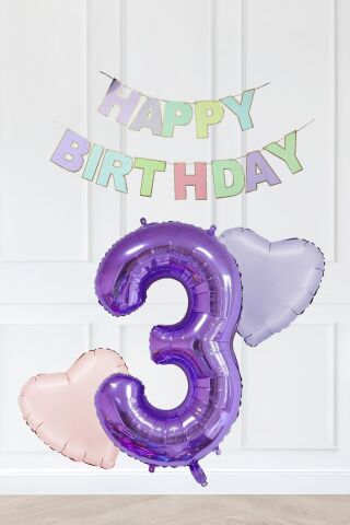 Makaron Renkler Doğum Günü Balon Seti Kalp Balonlu Mor Rakamlı Makaron Bannerlı 3