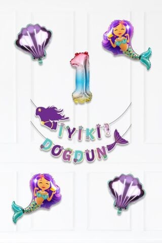 Deniz Kızı Tema Doğum Günü Balon Seti İstiridye Deniz Kızı ve Rakam Balonlu Balon Zinciri Seti