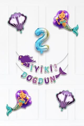 Deniz Kızı Tema Doğum Günü Balon Seti İstiridye Deniz Kızı ve Rakam Balonlu Balon Zinciri Seti