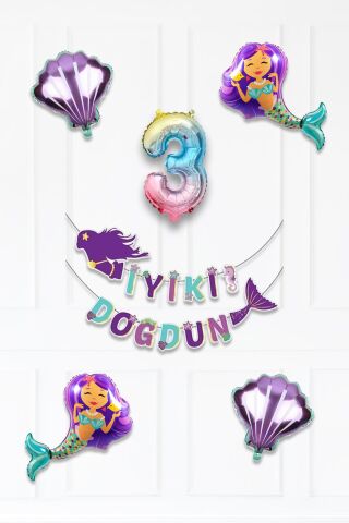 Deniz Kızı Tema Doğum Günü Balon Seti İstiridye Deniz Kızı ve Rakam Balonlu Balon Zinciri Seti