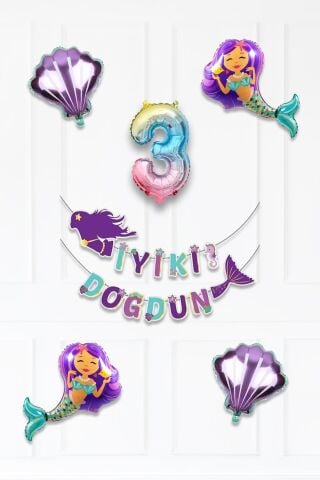 Deniz Kızı Tema Doğum Günü Balon Seti İstiridye Deniz Kızı ve Rakam Balonlu Balon Zinciri Seti