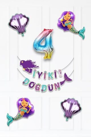 Deniz Kızı Tema Doğum Günü Balon Seti İstiridye Deniz Kızı ve Rakam Balonlu Balon Zinciri Seti