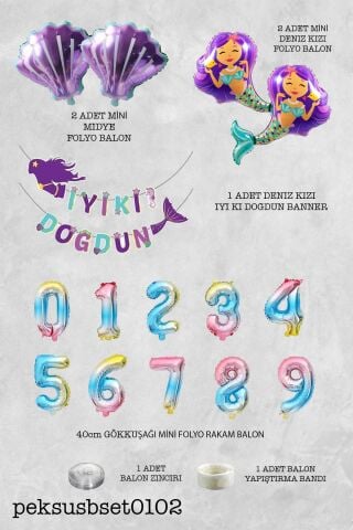 Deniz Kızı Tema Doğum Günü Balon Seti İstiridye Deniz Kızı ve Rakam Balonlu Balon Zinciri Seti