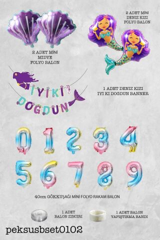 Deniz Kızı Tema Doğum Günü Balon Seti İstiridye Deniz Kızı ve Rakam Balonlu Balon Zinciri Seti