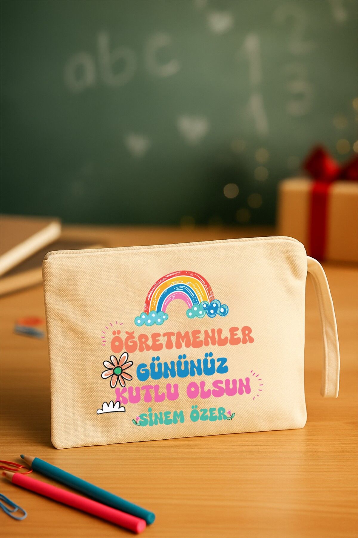Öğretmenler Günü Hediyesi Clutch Çanta Gökkuşağı Tasarım İsme Özel Baskı Çanta