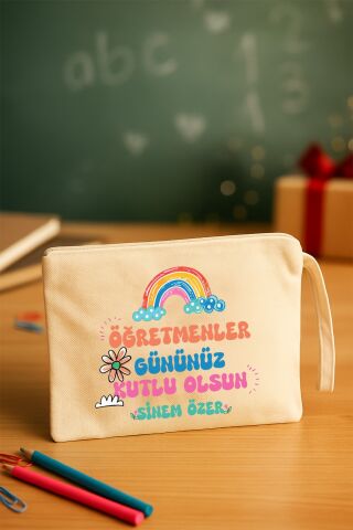 Öğretmenler Günü Hediyesi Clutch Çanta Gökkuşağı Tasarım İsme Özel Baskı Çanta