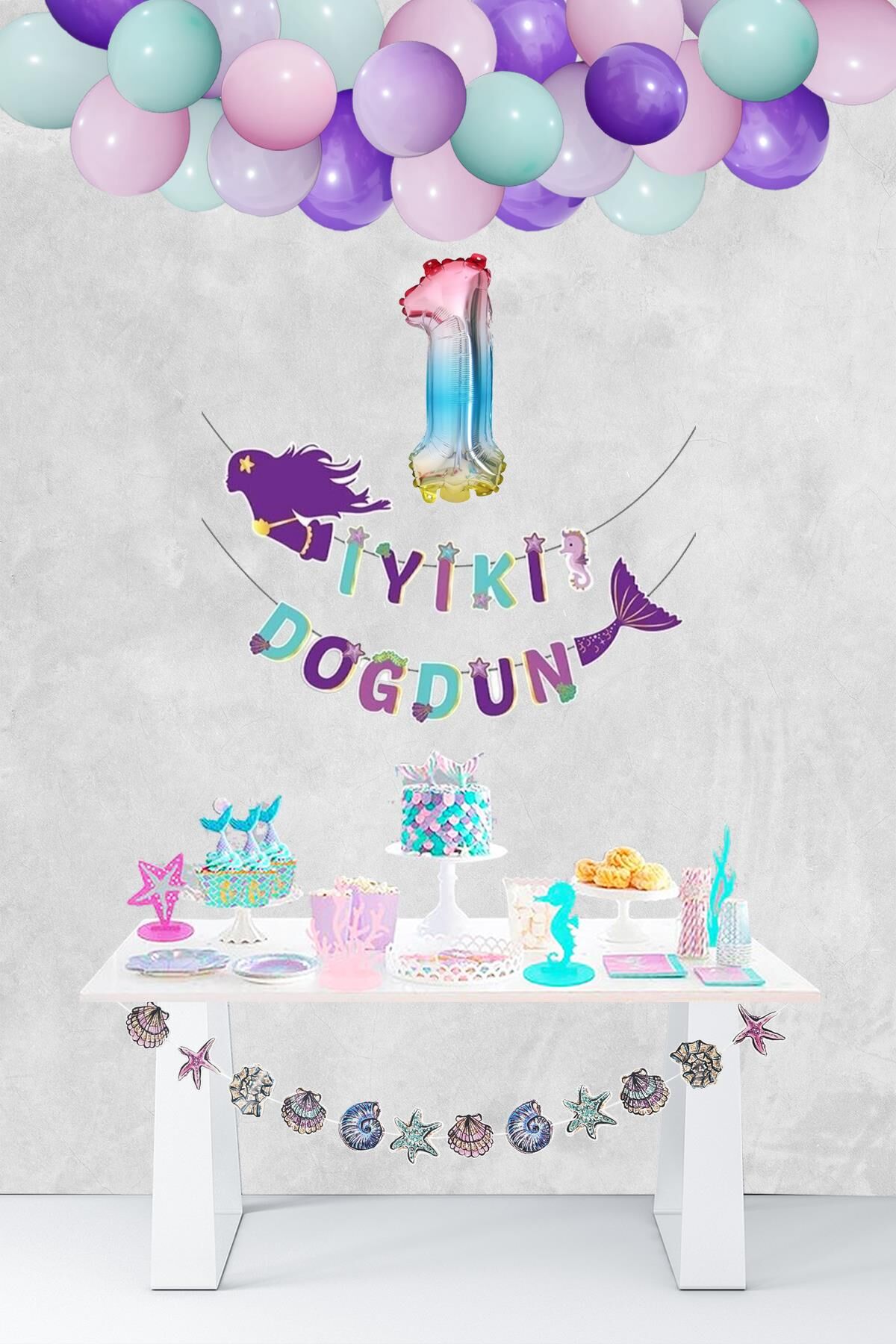 Deniz Kızı Tema Doğum Günü Balon Zinciri Rakam Balonlu Deniz Kızı Seti