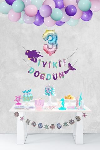 Deniz Kızı Tema Doğum Günü Balon Zinciri Rakam Balonlu Deniz Kızı Seti