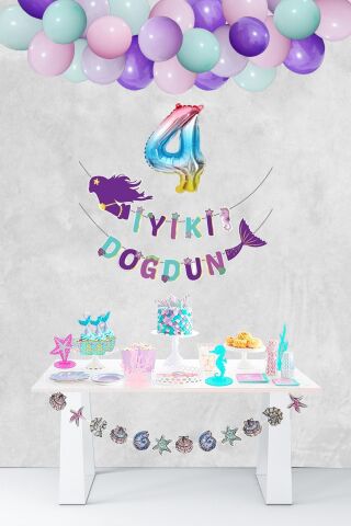 Deniz Kızı Tema Doğum Günü Balon Zinciri Rakam Balonlu Deniz Kızı Seti