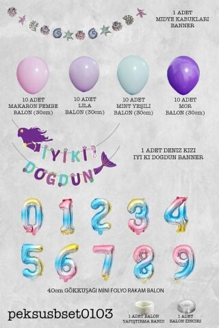 Deniz Kızı Tema Doğum Günü Balon Zinciri Rakam Balonlu Deniz Kızı Seti