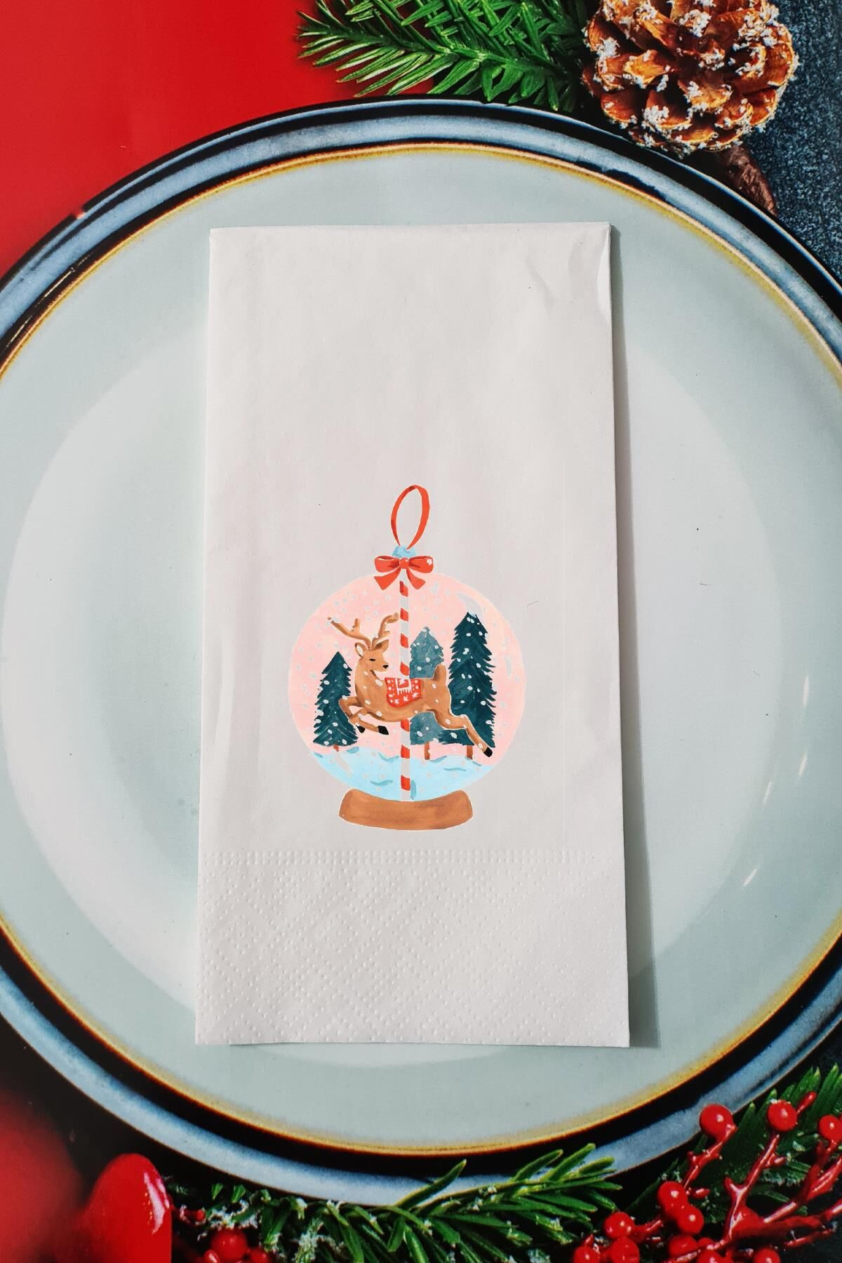 Yılbaşı Geyikli Kar Küresi Tasarım Yılbaşı Sunum Peçetesi