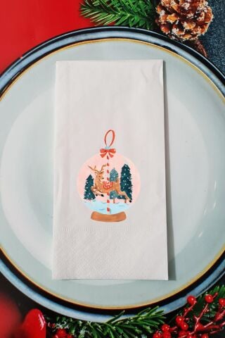 Yılbaşı Geyikli Kar Küresi Tasarım Yılbaşı Sunum Peçetesi