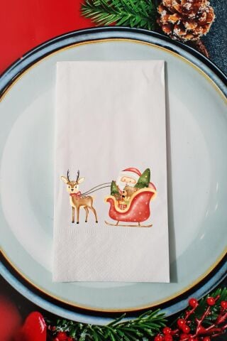 Noel Baba Arabası ve Geyik Tasarım Yılbaşı Sunum Peçetesi