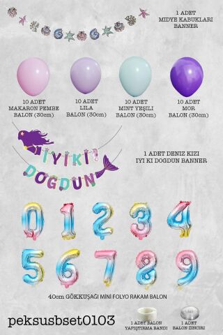 Deniz Kızı Tema Doğum Günü Balon Zinciri Rakam Balonlu Deniz Kızı Seti 5