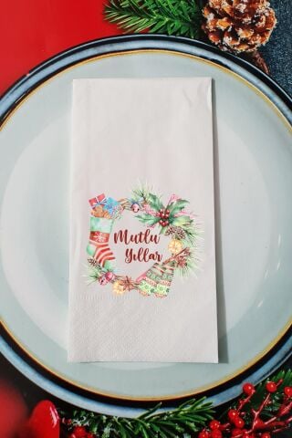 Yılbaşı Çelengi Mutlu Yıllar Yazılı Yılbaşı Sunum Peçetesi