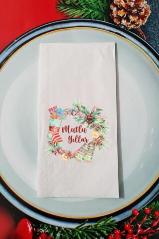 Yılbaşı Çelengi Mutlu Yıllar Yazılı Yılbaşı Sunum Peçetesi