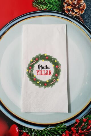 Yılbaşı Çelengi Mutlu Yıllar Yazılı Yılbaşı Sunum Peçetesi