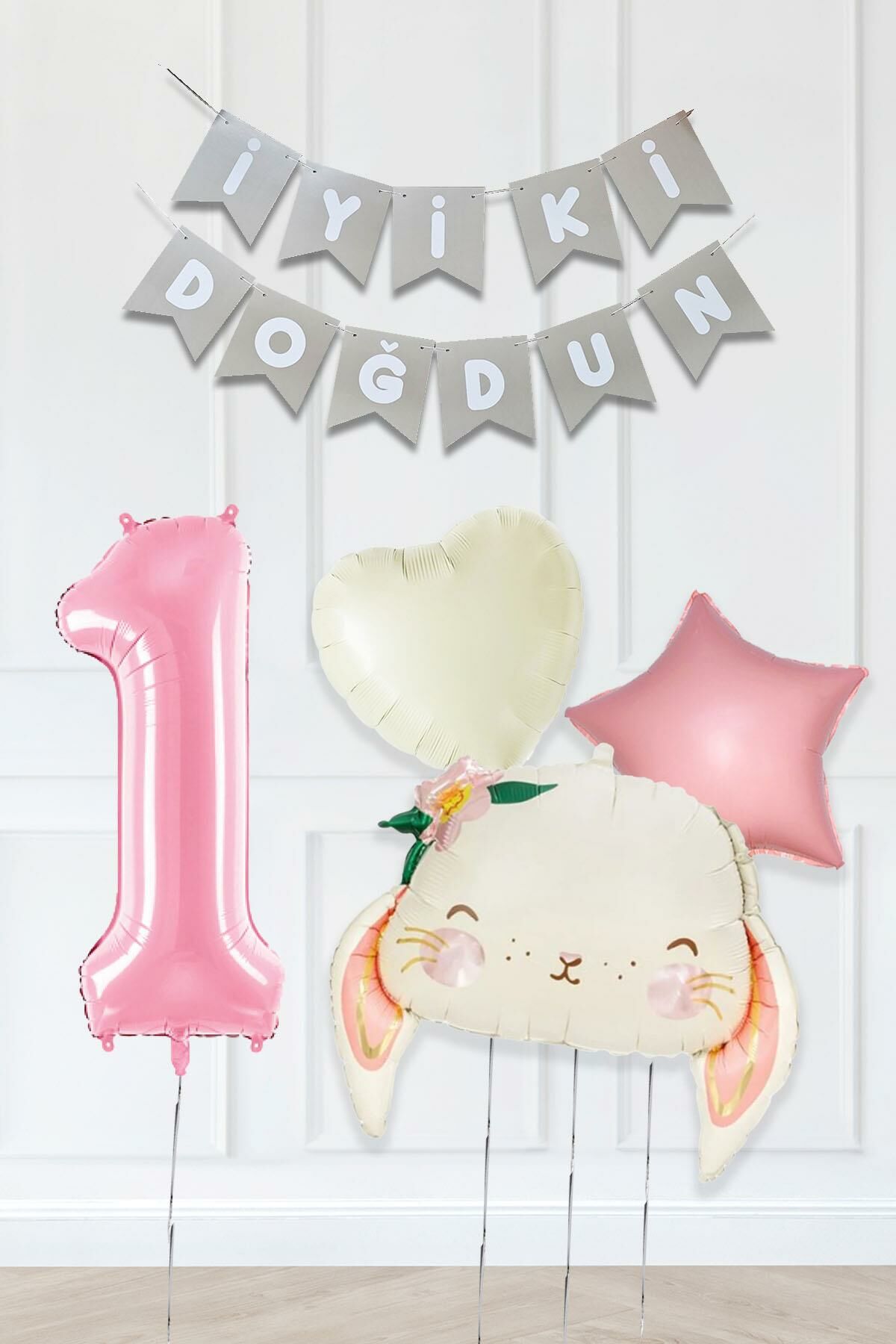 Pembe Soft Renkler İyi Ki Doğdun Banner Pembe Yaş Balon Tavşan Doğum Günü Balon Seti