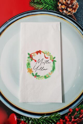 Yılbaşı Çelengi Mutlu Yıllar Yazılı Yılbaşı Sunum Peçetesi