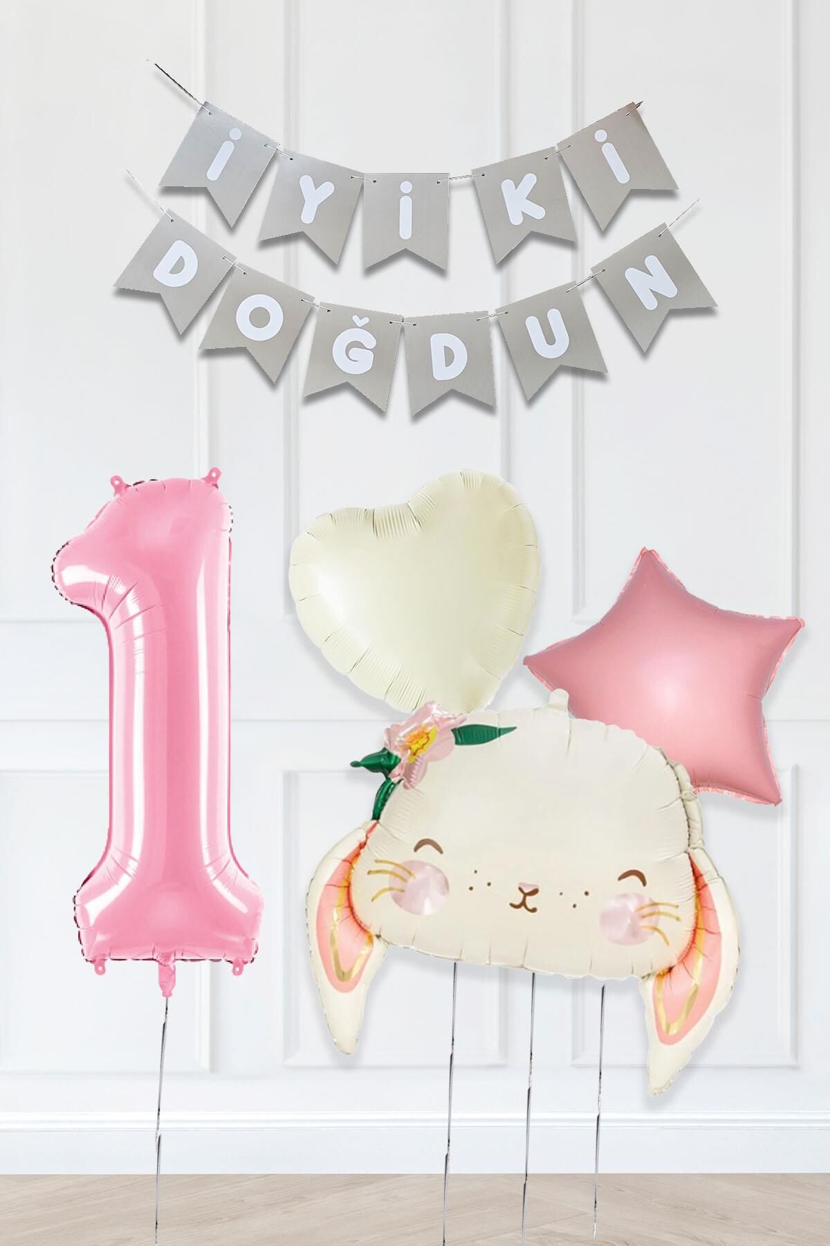 Pembe Soft Renkler İyi Ki Doğdun Banner Pembe Yaş Balon Tavşan Doğum Günü Balon Seti 1