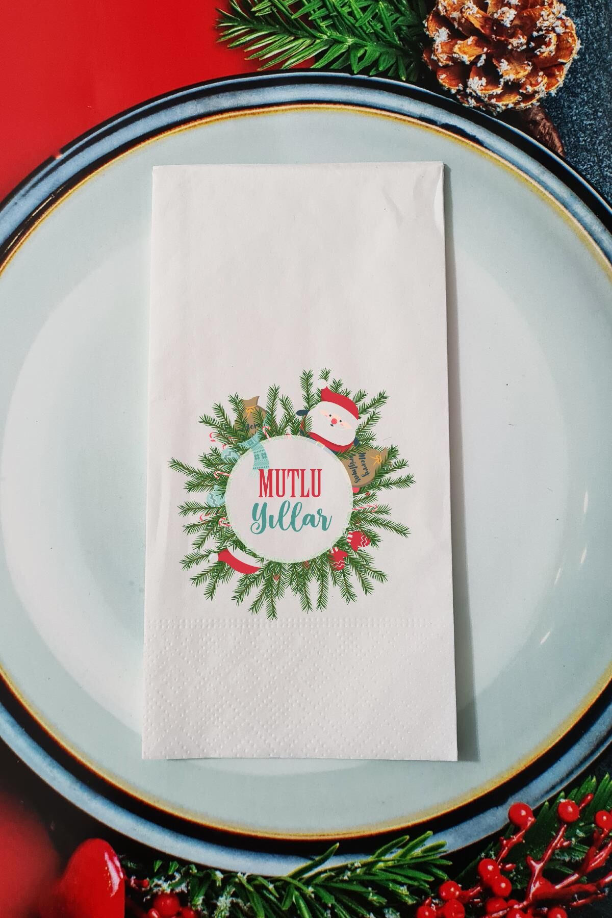 Yılbaşı Çelengi Mutlu Yıllar Yazılı Yılbaşı Sunum Peçetesi